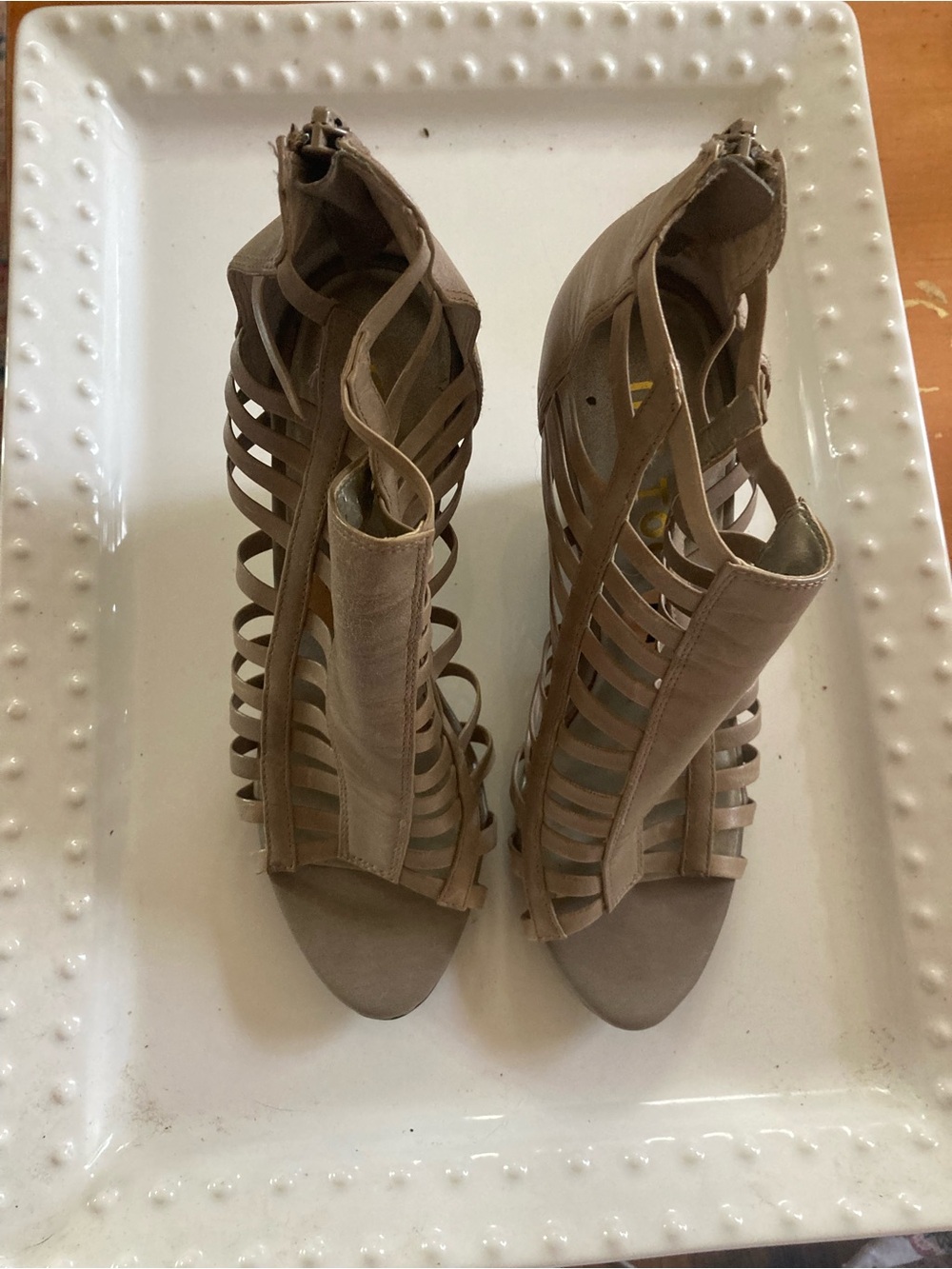 me too Taupe Strappy Cage Wedge Sandals